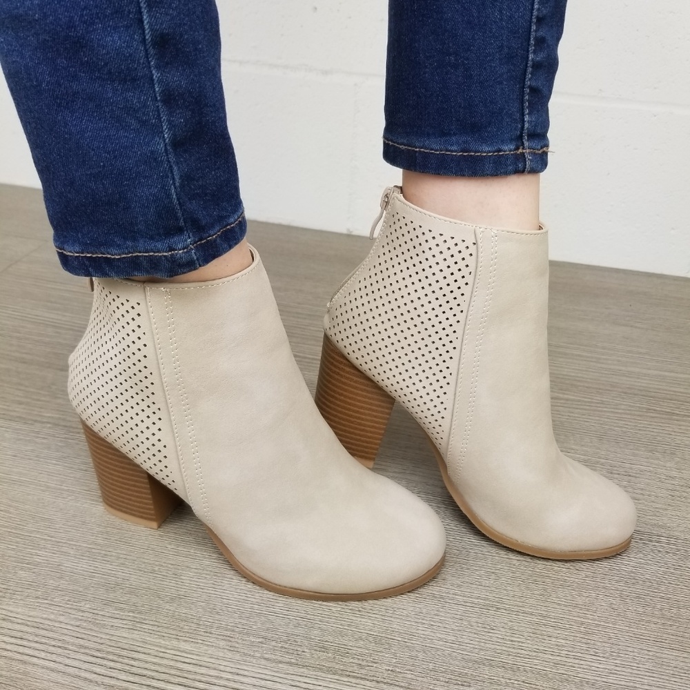 Beige Perforated Design Heel Ankle Booties - Picture 3 of 8